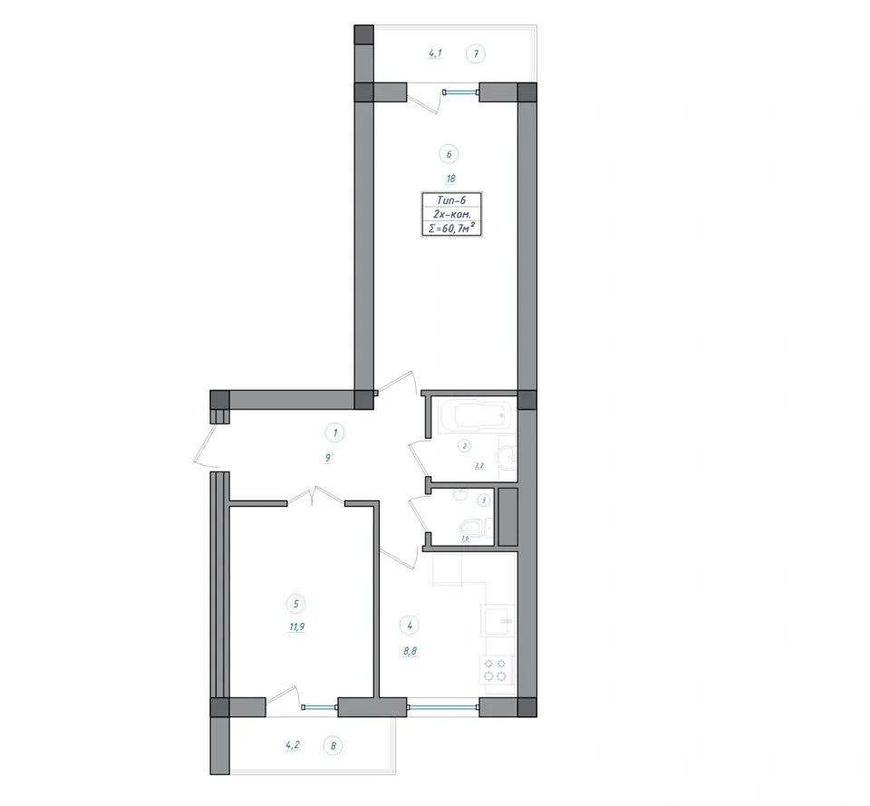 Planirovka — 2 xonali · 60,7 m²