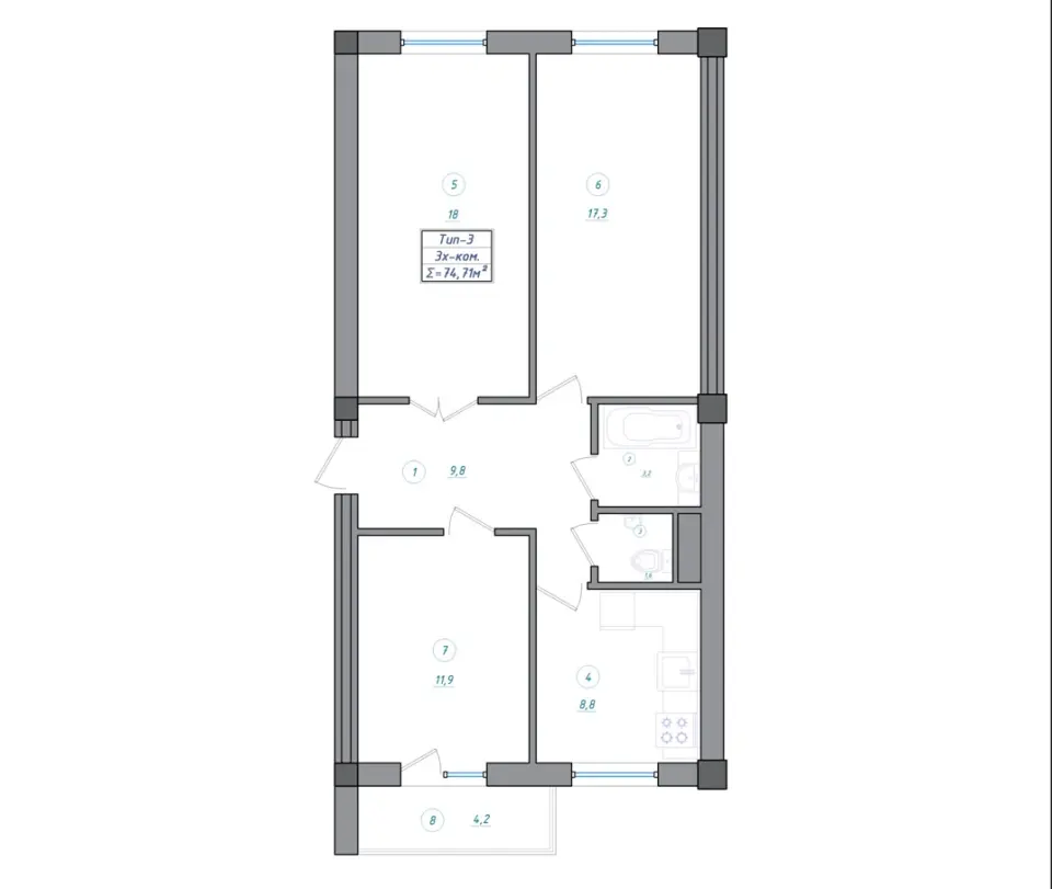 Planirovka — 3 xonali · 74,71 m²