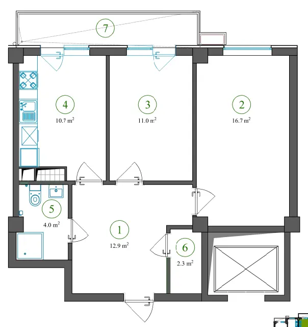 Planirovka — 2 xonali · 64,3 m²